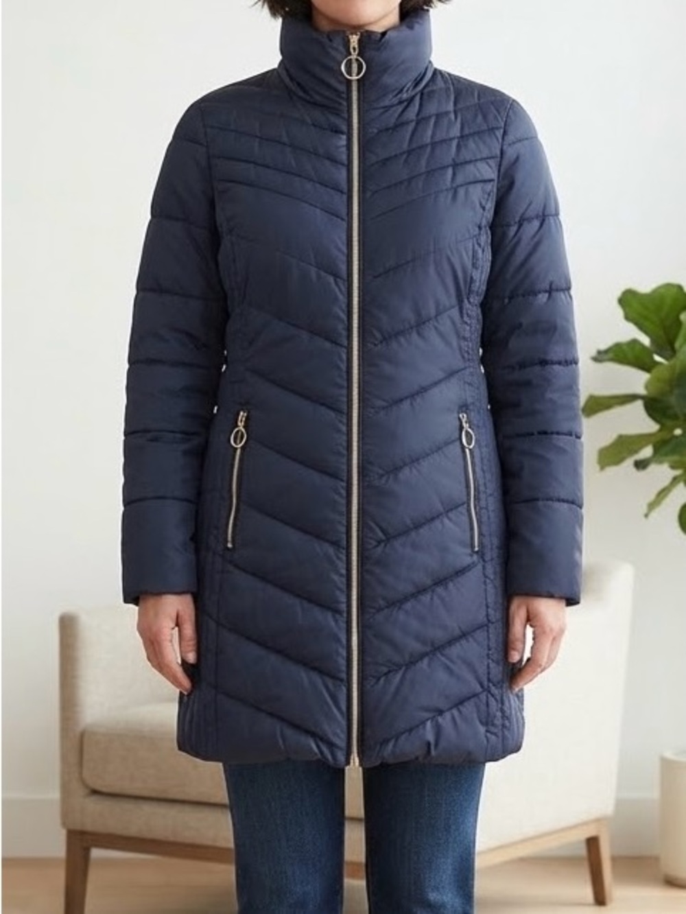 Anne Klein Down & Feathers Navy Blue Puffer Quilted Medium Length Coat Sz M GUC